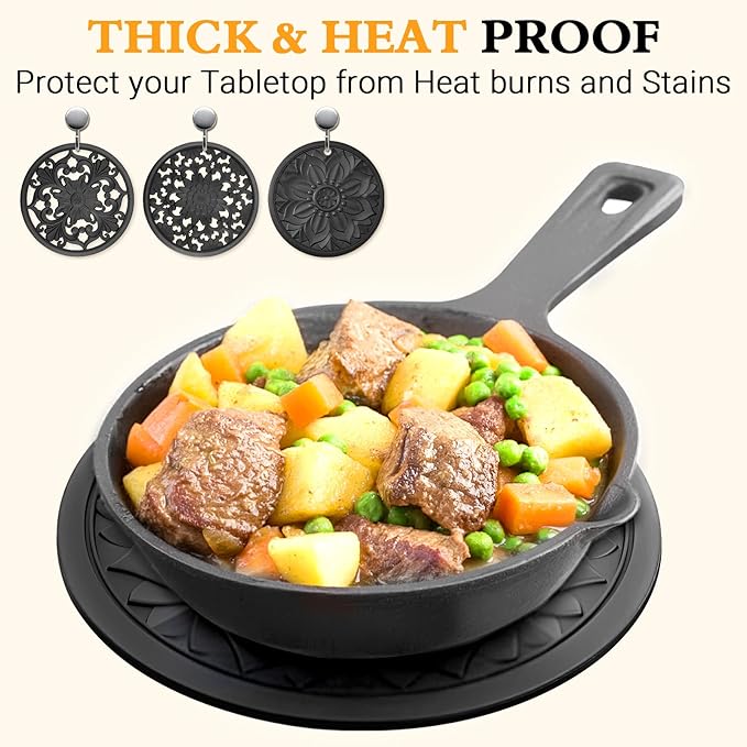Silicone Trivet Mat Set of 3 Heat Resistant Black Pot Holders for Non-Slip Hot Pans Thick Creative Shapes for Dining Table Kitchen Countertops Tablecloth Protection