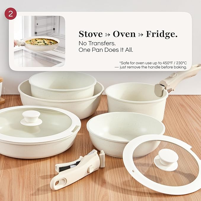 GOURMETIFIC® Pots and Pans Cookware Set [11 PIECES] - Non Toxic Ceramic Coated Cooking Ware - Induction, Gas & Oven Kitchenware - Non Stick Pot & Pan with Removable Handles & Stackable (Taupe)