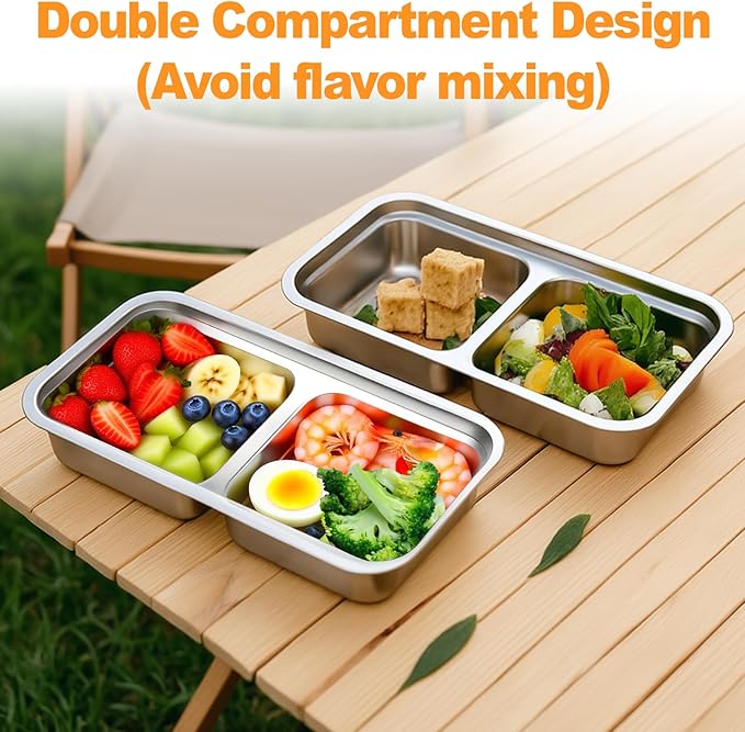 Stainless Steel Snack Containers with Lids, Reusable Bento Lunch Container Box, Food Storage, Leak Proof, Dishwasher-Safe, Grab and Go for Work, 6 Pack (Double Compartment)
