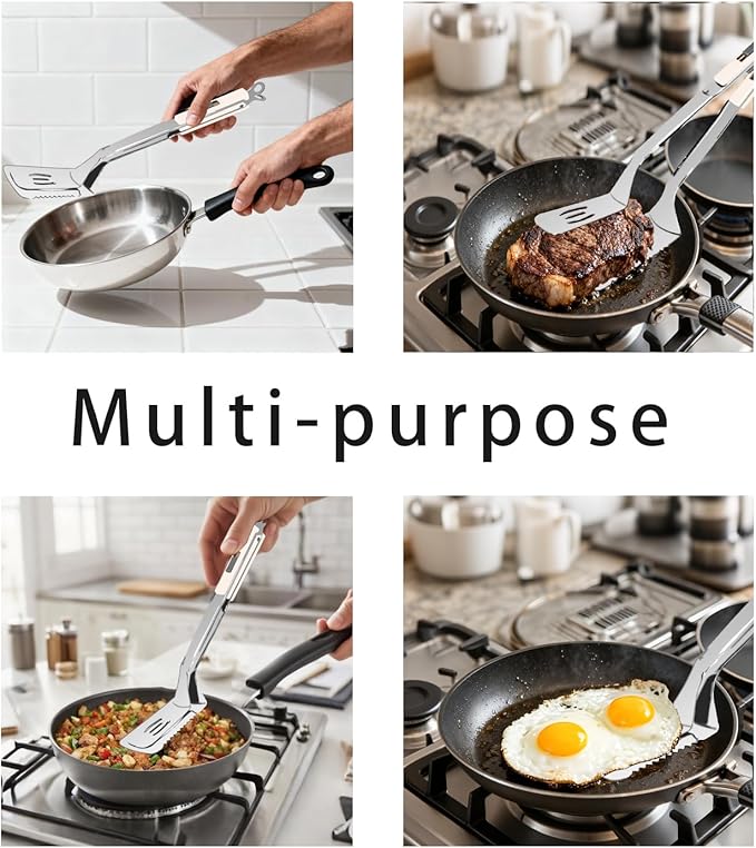 13.5-inch Stainless Steel Tongs for Cooking – Versatile Metal Spatula Tongs for Flipping, Picking Up, Cutting, and Stir-Frying Meats and Other Foods. Kitchen Tongs Durable and Multifunctional.(White)