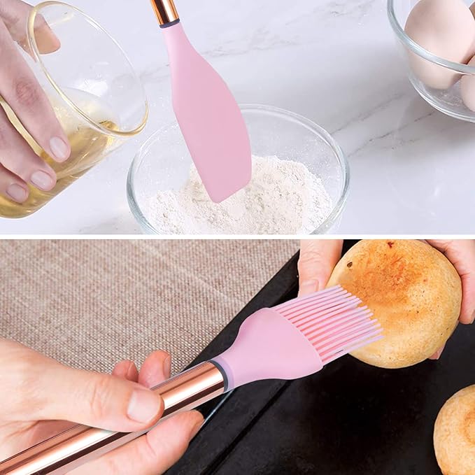 Kitchen Utensil Set with Holder, 22 Pcs Silicone Cooking Utensils Set for Nonstick Cookware, Heat Resistance Spatula Set, Stainless Steel Handle Kitchen Gadgets Utensils Set(Pink)