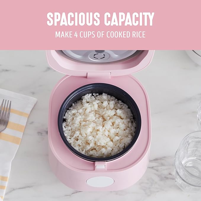 GreenLife Digital Rice Cooker, 2-Cups Uncooked/4-Cups Cooked, Removable Nonstick Ceramic PFAS-Free Pot, One-Touch Presets, Oats, Quinoa, Brown Rice, Auto Keep Warm, Fuzzy Logic Tech, 1.5QT, Pink