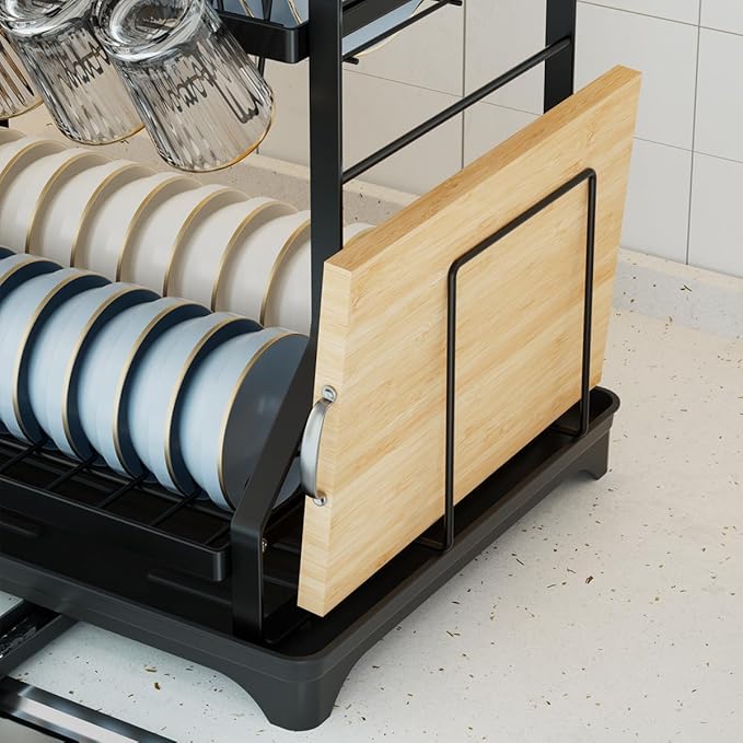 2-Tier Kitchen Dish Rack with Drainboard, Black, Large Capacity Dish Drying Rack with Cup Holder, Knife Block, Cutting Board Rack, 42x32.5x34cm