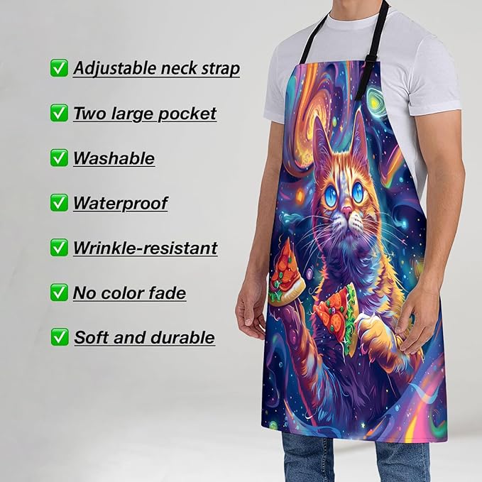 Cosmic Pizza Cat Apron for Women, 28x33in, Kitchen Chef Aprons with 2 Pockets, Polyester, Cute Cat Apron for Cooking BBQ Baking Gardening Chef, Gifts for Mom Wife Dad