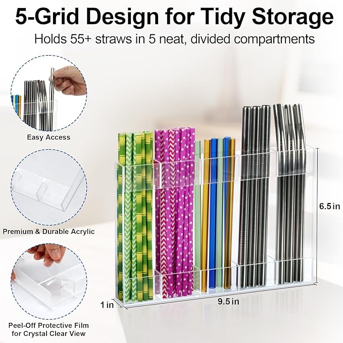 Upgraded Acrylic Straw Holder for Cabinet Door, Fridge & Countertop–Magnetic/Adhesive Dual Mount, Strong Hold, Space-Saving Straw Organizer with Adhesive Tape, Magnetic Sheet