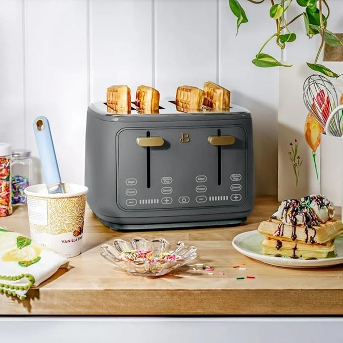 Beautiful 4 Slices Toaster - 7 Shade Settings, Touch Display, Extra-Wide Slots for Bagels, Gluten-Free & Frozen Presets, LED Countdown, Removable Crumb Tray, 1800-watt toasting (Oyster Gray)
