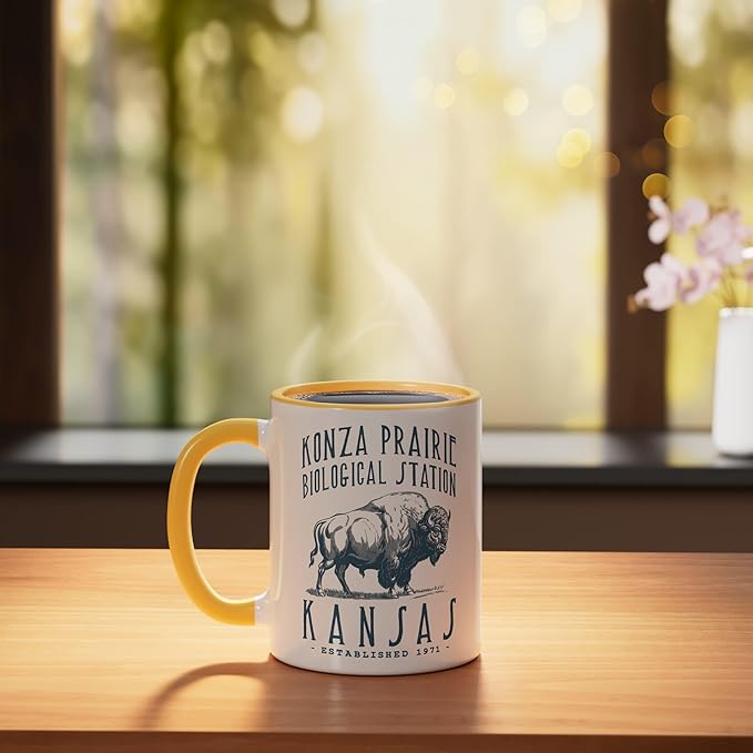 KONZA PRAIRIE, KANSAS. BISON DESIGN Ceramic Mug, Yellow/White