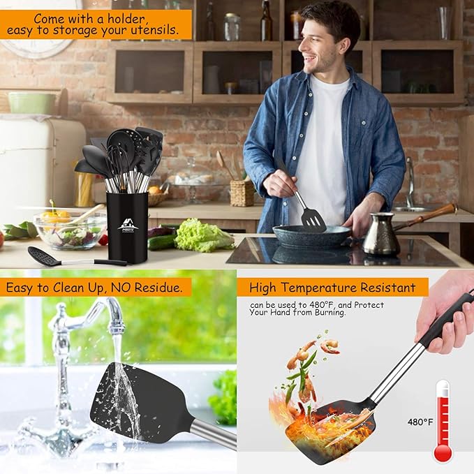 MIBOTE Silicone Kitchen Utensils Set, Cooking Utensils Set with Heat Resistant BPA-Free Silicone and Stainless Steel Handle Kitchen Tools Set (Black)