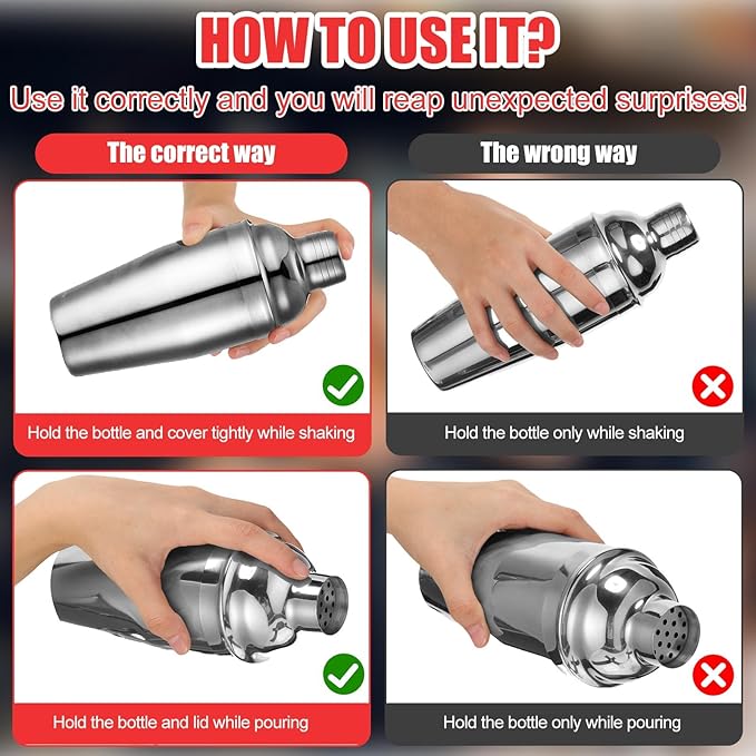 Nitial 9 Pcs Bar Cocktail Shaker Professional Stainless Steel Martini Drink Mixer Built-in Strainer for Bartending No Leaks Boston Shaker for Bar Party Drink Tool(Silver,25 oz)