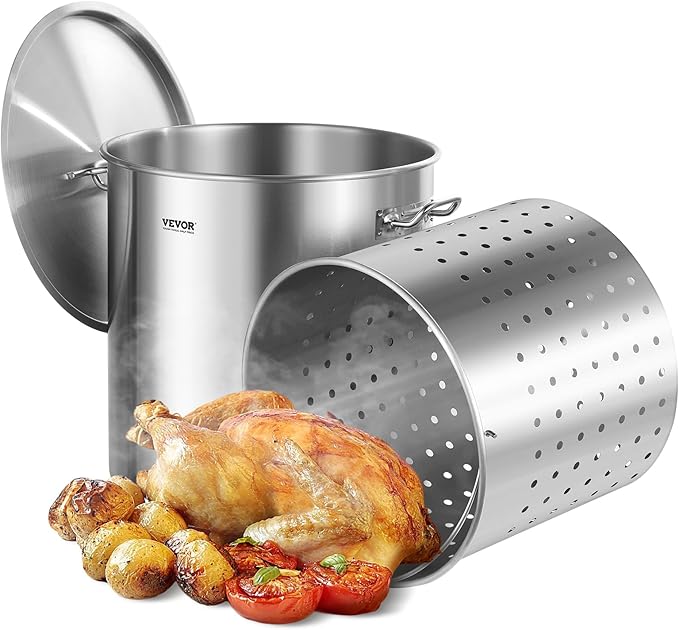 VEVOR Stainless Steel Stockpot, 84 Quart Large Cooking Pots, Cookware Sauce Pot with Basket, Lid, and Handle, Heavy Duty Commercial Grade Stock Pot, Sanding Treatment, for Large Groups Events Silver