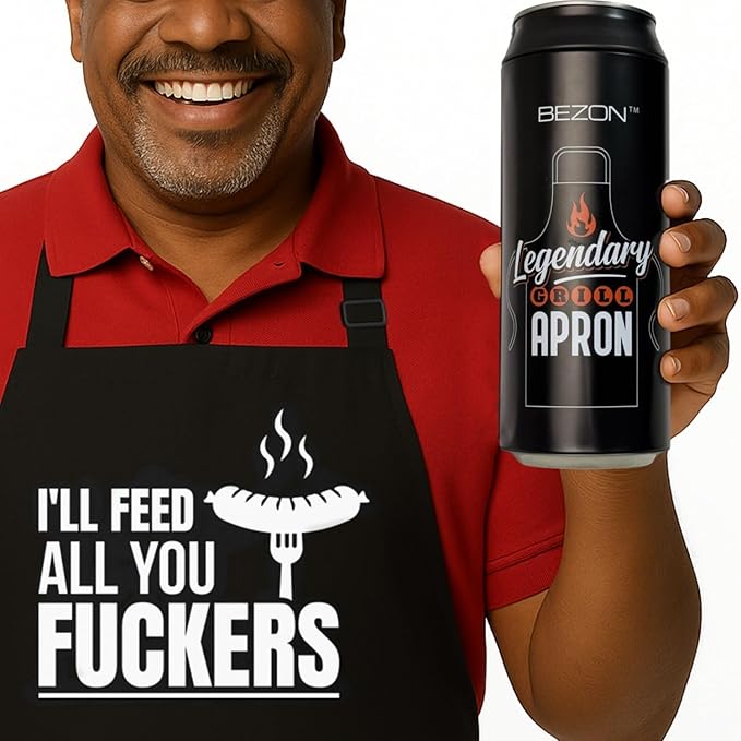 BEZON Funny Grill Apron for Men – Beer Can Gift Packaging – Hilarious BBQ Gift for Dad, Husband, or Friend – Heavy-Duty Water-Resistant Canvas – I’ll Feed All You F..ckers!