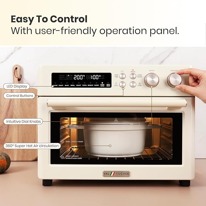 VAL CUCINA Retro Style Infrared Heating Air Fryer Toaster Oven, Extra Large Countertop Convection Oven 10-in-1 Combo, 6-Slice Toast, Enamel Baking Pan Easy Clean with Recipe Book, Almond Yellow Color