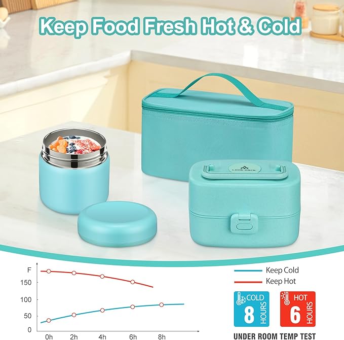 Bento Lunch Box with 8oz Soup Thermo, Kids Sustainable Bento Box Leakproof Lunch Food Containers with Lunch Bag, Kids Thermo Insulated Hot Food Jar for School, Trvael (Blue)