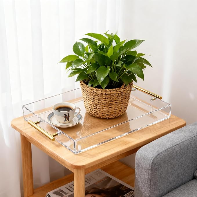 Clear Acrylic Serving Tray with Handles Large Ottoman Food Decorative Tray for Coffee Table Tea Fruit Snack Kitchen Bar Platter, 17x13’’
