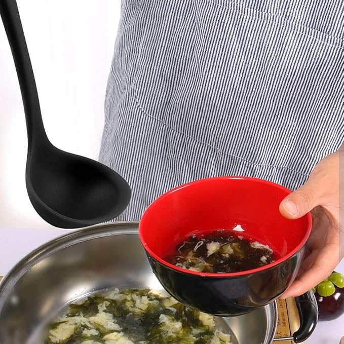 uxcell Silicone Soup Ladle Spoon 11.6 Inch Length Heat Resistant to 450°F One Piece Design Restaurant Kitchen Cooking Utensil for Serving Soup Black