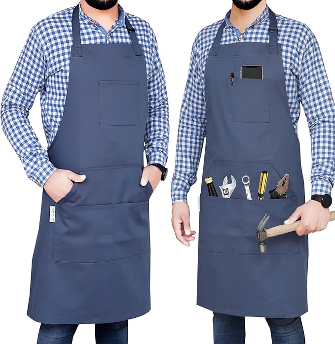 RUVANTI Work Apron for Men, Oil & Water Repellent, Poly Cotton Cross Back Aprons for Women with Pockets, Adjustable up to XXL