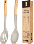 Silicone Cooking Spoons, Great for Scooping Sides and Serving Hearty Stews, BPA-Free Matte Silicone, Wooden Handle Serving Spoon for Nonstick Cooking Surfaces (Khaki)