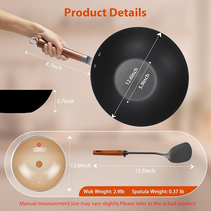 WANGYUANJI 12.6 Inch Carbon Steel Wok with Lid, Flat Bottom Uncoated Lightweight Wok Pan with Wooden Handle for Stir-Fry, Gas, Electric and Induction