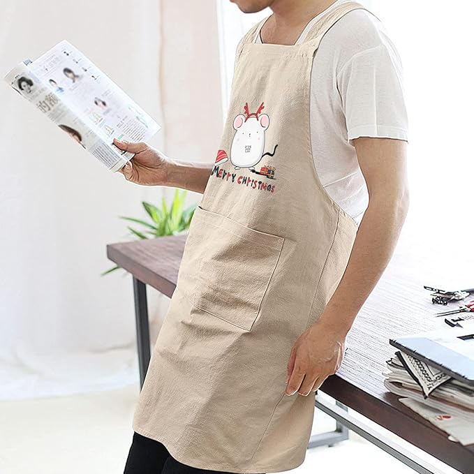 Cotton Linen Apron Non-tie Cross Back Kitchen Apron with Pockets Soft Comfortable Durable for Cooking Baking Gardening (Khaki)