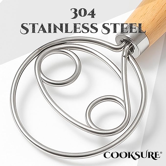 13 Inch Danish Dough Whisk with Bread Lame – 304 Stainless Steel Dough Whisk with Smooth Wooden Handle for Easy Sourdough & Bread Mixing