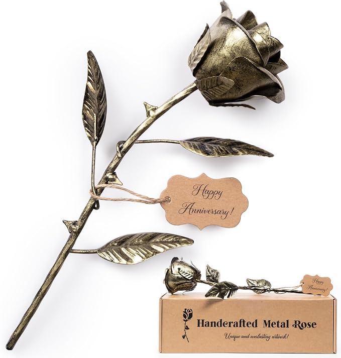 8 Year Anniversary Bronze Gift for Her - Metal Rose Gifts 8th Wedding Anniversary 19th 19 Year for Him Wife Husband Couples, Everlasting Rose Handcrafted Flower Stained Eternal Artwork Home Decor