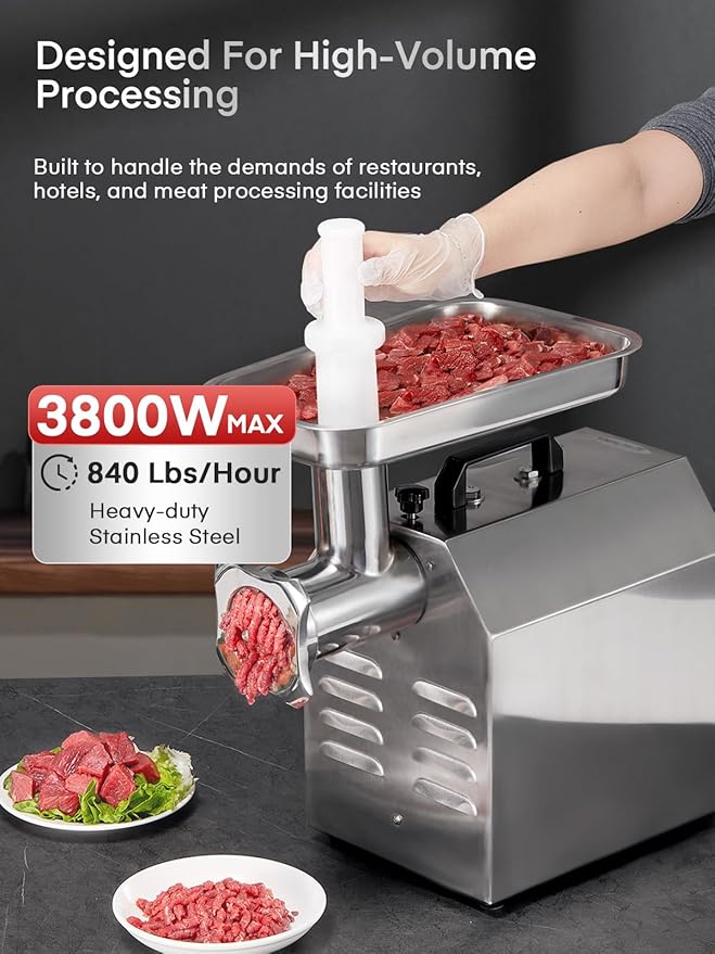 #12 Commercial Meat Grinder, 840 LB/H,1.2HP, Heavy Duty Industrial Meat Grinder, Sausage Stuffing Machine with 2 Stainless Steel Blade, 2 Grinding Plates, Sausage Kit (#12-840LB/H)