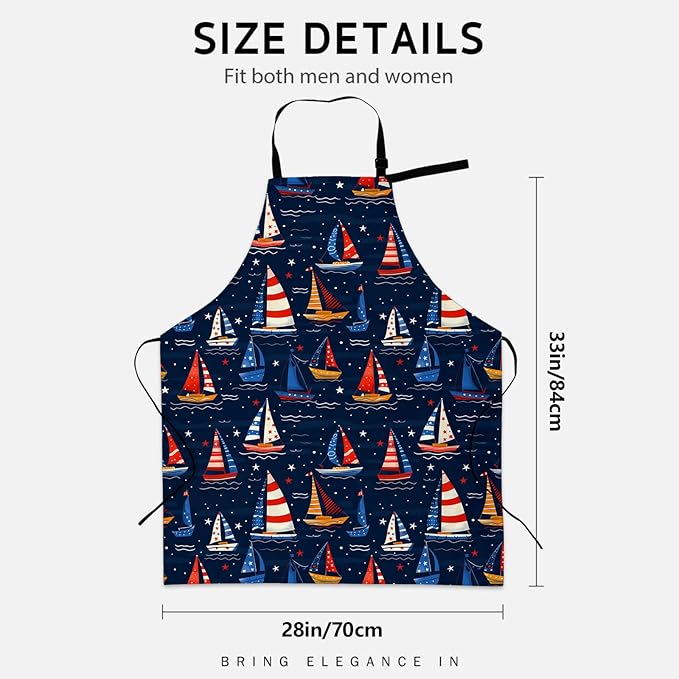 Beautiful Sailboat Apron for Women Men, Cooking BBQ Chef Polyester Lightweight Nautical Design Aprons with Pockets for Baking Kitchen Gardening Cleaning, Adjustable Neck Strap, 28×33inch