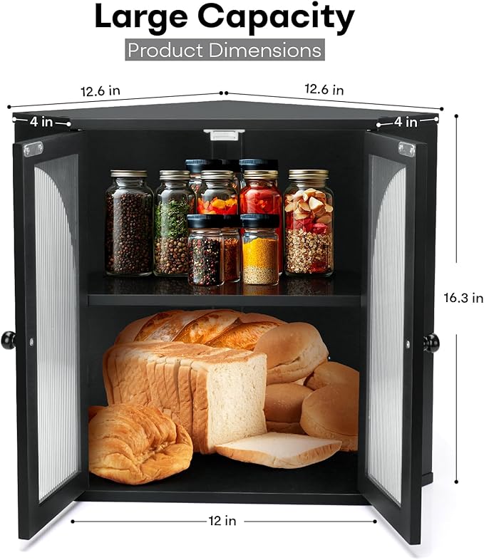 Corner Bread Box for Kitchen Countertop, Double Layer Bamboo Bread Storage Container for Homemade Bread, Large Capacity Bread Holder with 3 Adjustable Height for Counter, Breadbox Organizer