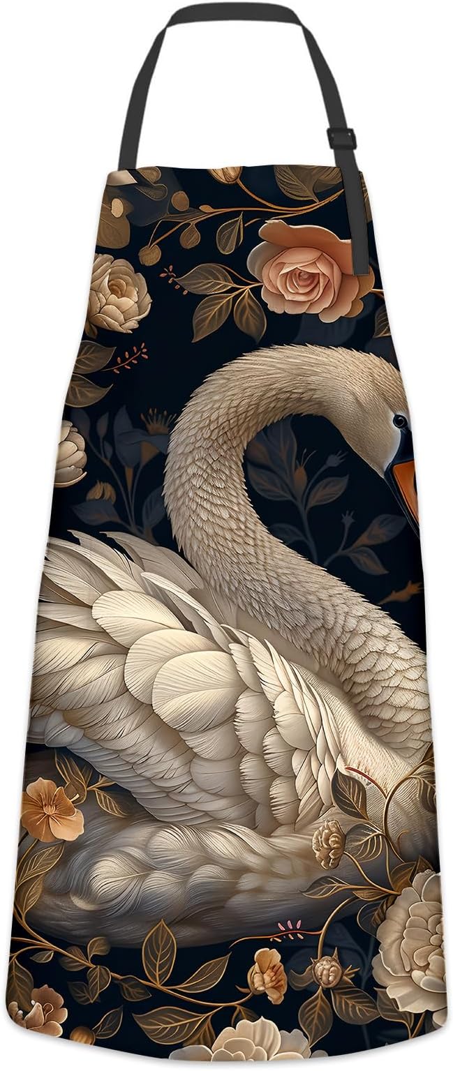 Pretty Swan Apron for Women, Cooking BBQ Chef Polyester Lightweight Graceful Swan and Vintage Floral Aprons with Pockets for Baking Kitchen Gardening Cleaning, Adjustable Neck Strap, 28×33inch