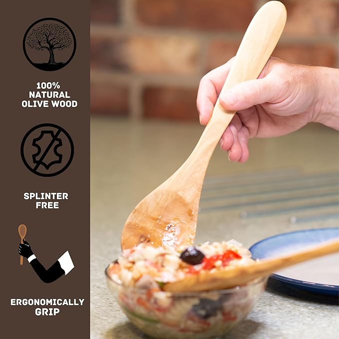 12 Inch Olive Wood Spoons For Cooking | Large Wooden Cooking Spoons for Mixing, Soup and Stirring | Non Stick Long handle Kitchen Utensil Serving Spoon For Salad | Big Wooden Spoons