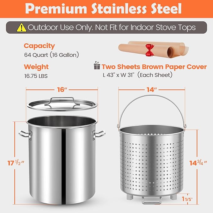 ARC 64QT Stainless Steel Seafood Boil Pot with Basket and 36" Large Spoon, Threads Removable Handle, Crawfish, Crab, Lobster, Shrimp Boil Stock Pot with Strainer, Turkey Fryer Pot, Brewing Beer, 16Gal