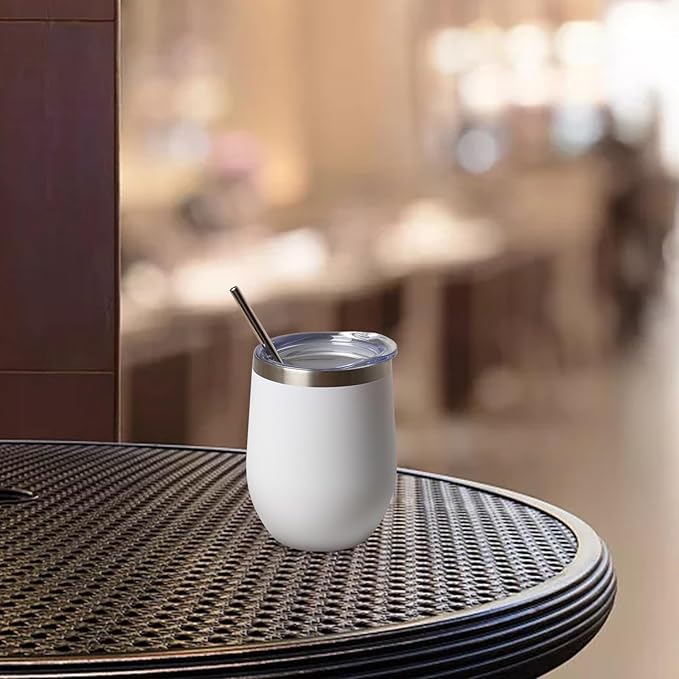 12 oz Insulated Wine Tumbler with Lid and Straw,Stainless Steel Stemless Wine Tumbler Glasses Double Wall Vacuum Wine Cups Tumbler Bulk for Coffee,Champaign,Cocktail (White,8)