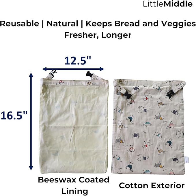 2 XL Beeswax Bread Bags for Homemade Bread, Reusable Cotton and Beeswax Storage for Sourdough or Artisan Loaves, Keeps Bread Fresh Longer, Freezer Safe, 12.6" x 16.7"