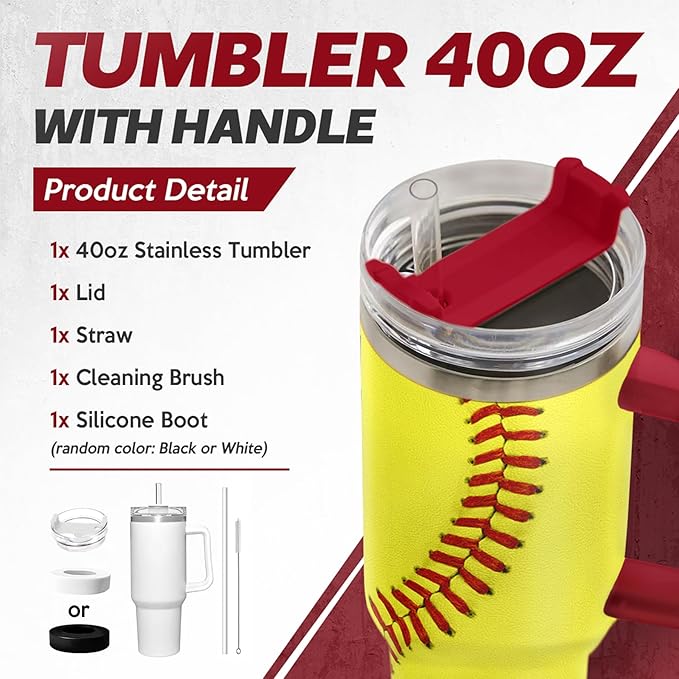 SANDJEST Softball Tumbler with Handle 40oz, Insulated Stainless Steel Cup with Lid & Straw, Sports Lover Gift for Men, Coach, Player, Christmas, Birthday