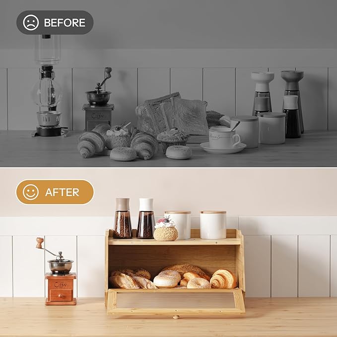 HOOBRO Large Bread Box, Bamboo Bread Box for Kitchen Countertop, Farmhouse Bread Storage Box with Acrylic Window, Bread Holder with Drop-Down Door, for Food Storage, Natural YL30MB01