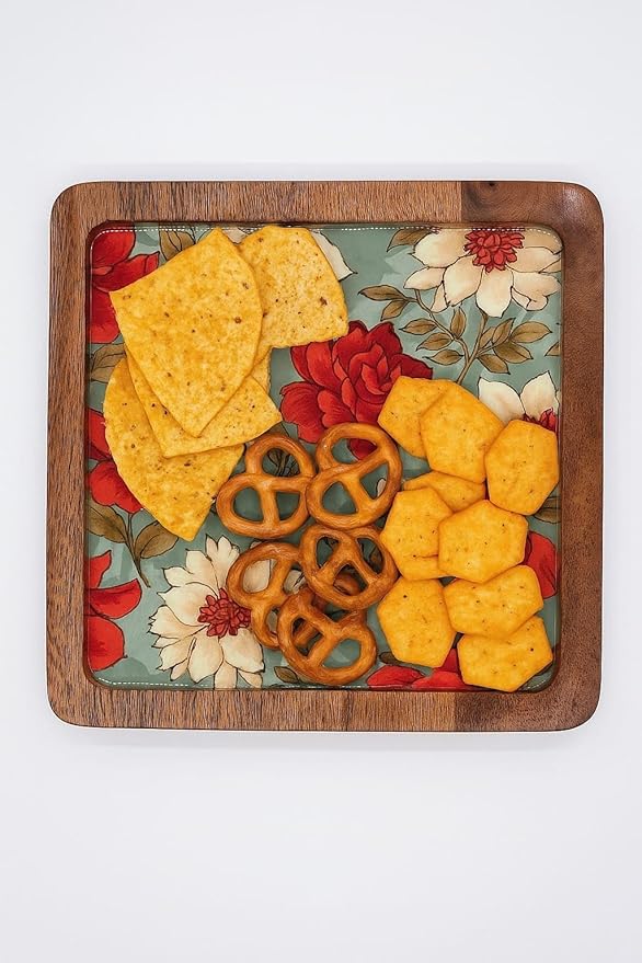Handcrafted Square Wooden Decorative Tray – Floral Design Wooden Serving Plate, Snack Platter, Candle Bowl & Coffee Table Décor 6 inch x 6 inch x 0.75 inch (Square Floral)