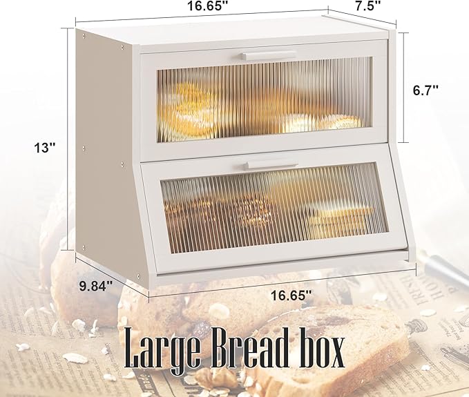 GHWIE Double Layer Bamboo Bread Box for Kitchen Counter,Large Capacity Bread Storage Bin,Bread Container with Acrylic Wavy Door Panel (White, Medium)