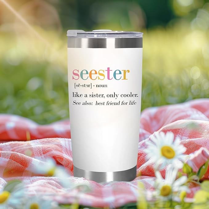 TEEZWONDER Christmas Sister Gifts for Women - Seester 20 oz Stainless Steel Insulated Coffee Tumbler with Lid - Big Sister Birthday Gifts for Girls, Graduation Gift for Her Women