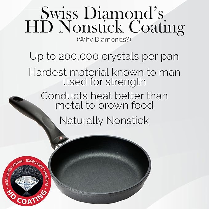 Swiss Diamond 8 Inch Frying Pan Nonstick Diamond Frying Pan, Aluminum Coated Skillet, Dishwasher Safe and Oven Safe Fry Pans with Ergonomic Handle