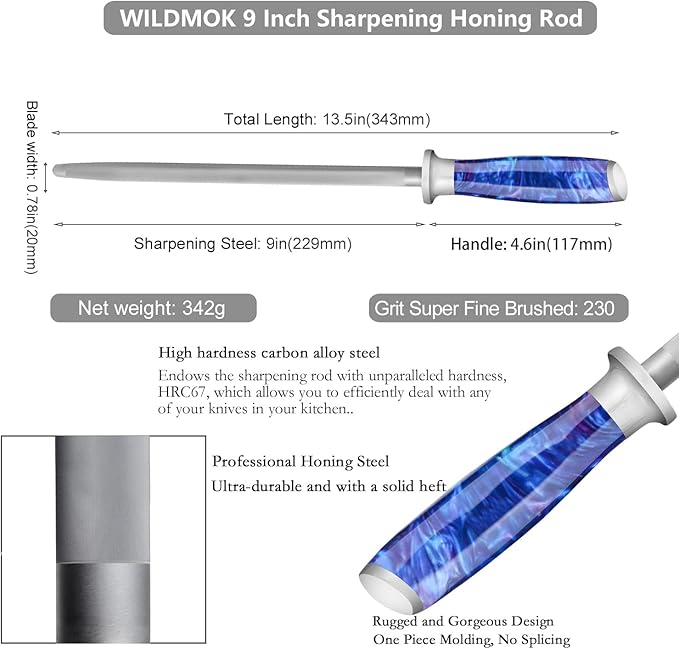 WILDMOK 9 in Knife Sharpener, Diamond Carbon Steel Professional Knife Sharpener Rod, Applicable to Kitchen, Home or Hunting Master Chef of Sharpening Rod or Stick