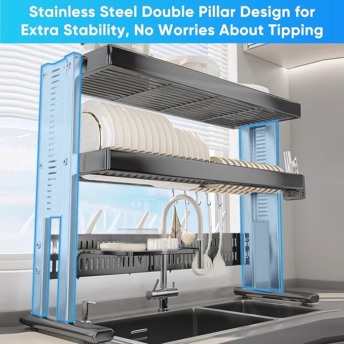 Large Over The Sink Dish Drainer Drying Rack，2 Tier Large Capacity Stainless Steel Dish Drying Rack Over Sink, Multifunctional Kitchen Organizers and Storage Dish Rack (Black, Double Layer)