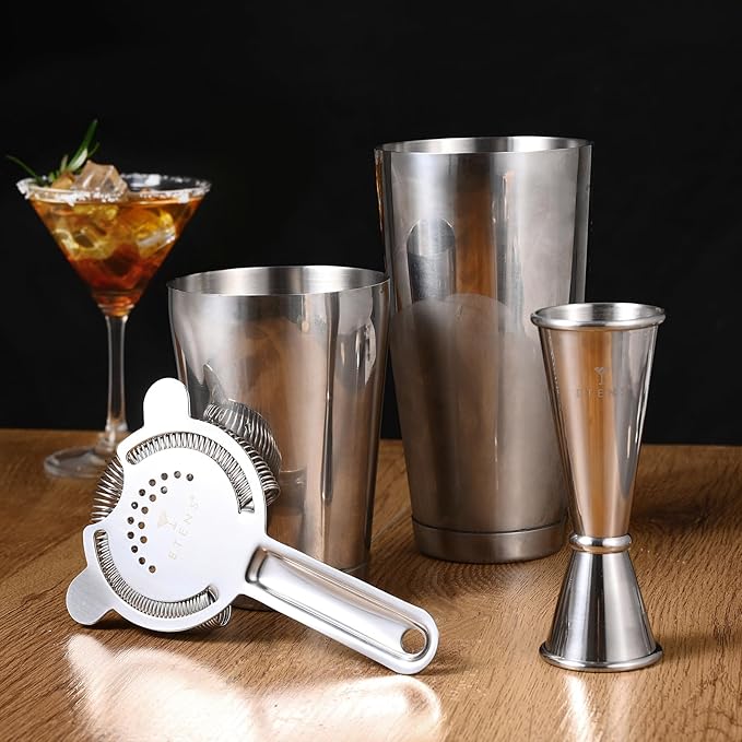 Professional Cocktail Shaker - Weighted Boston Shaker Set with Hawthorne Strainer & Japanese Jigger for Drinks - Stainless Steel Bartender Kit for Mixology