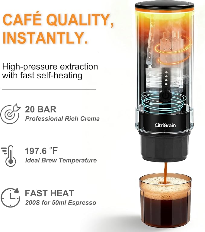 Self-Heating Portable Espresso Maker for Camping, 20Bar Travel Coffee Machine, Fast USB-C for Car/Office, with Stand & Case, Works with Ground Coffee & NS Capsules, for Hiking, RV, Gift