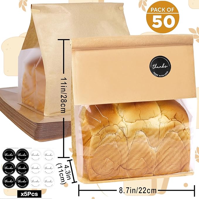 50PCS Paper Bread Bags, Bread Bags for Homemade Bread with Tin Tie Lock,Sourdough bread bags with Window,Bakery Bags for Bread,Sourdough,Cookie,Muffin,Bagels(8.7 x 4.3x 11 Inches)