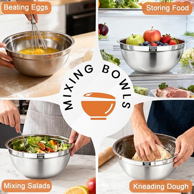 BEWOS 21 Pcs Mixing Bowls with Lids - 7 Stainless Steel Bowls, 3 Graters, 11 Practical Kitchen Accessories, Dishwasher Safe, Ideal for Baking, Meal Prep & On-the-Go, Easy to Store