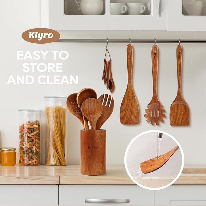 Wooden Spoons for Cooking, Nonstick Kitchen Utensils Set with 4 Piece Measuring Spoons, Comfort Grip Wooden Spatula Set, 9 Piece Teak Wooden Cooking Utensils with Holder and Spoon Rest