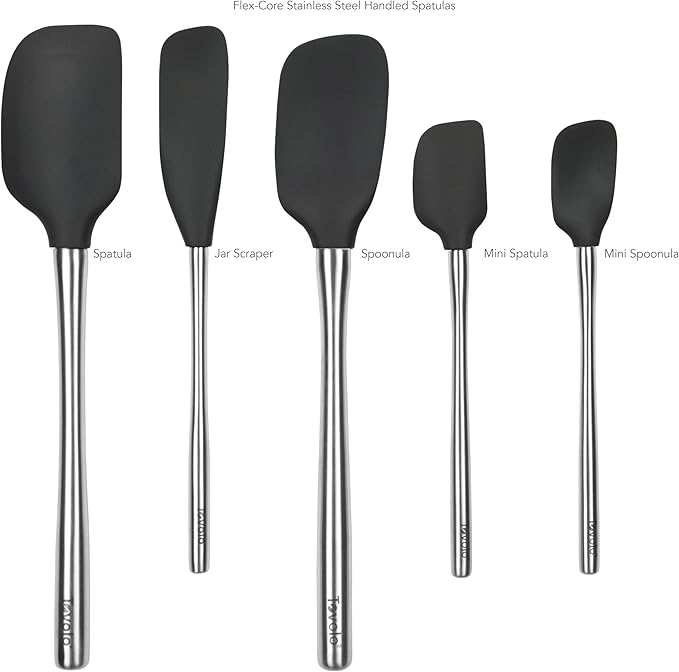 Tovolo 5-Piece Stainless Steel & Silicone Spatula Set (Black): Standard & Mini Spatulas, Spoonulas, and Jar Scraper