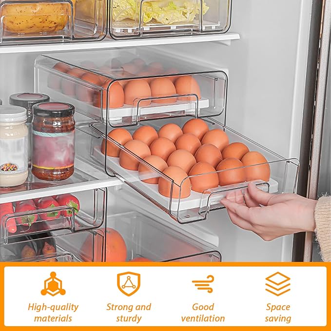 US Fridge Drawers with Lids Stackable Pull Out Fridge Storage Containers Double Layer Clear Plastic Refrigerator Organizer Bins with Drain Tray for Kitchen Refrigerator Cabinets