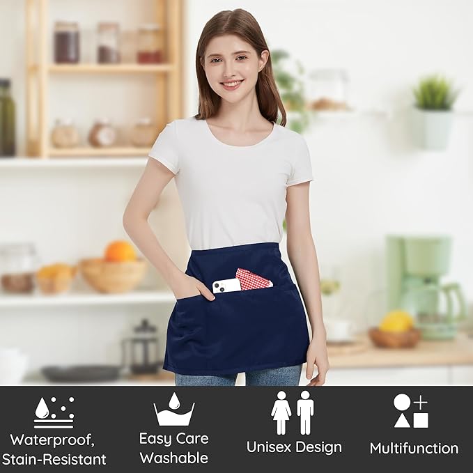 3 Pack Waist Apron with 3 Pockets, Unisex Black Waiter Aprons, Water Resistant Server Aprons for Restaurant Chef Bar