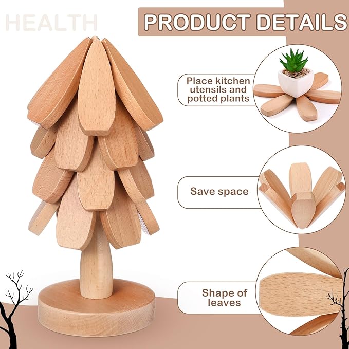 Wooden Christmas Tree Coaster Trivets Wood Trivets Set for Hot Dishes Set of 4 Christmas Tree Shape Foldable Wooden Coaster and 1 Stand Natural Trivet for Cups Plates Bowls Pots(Beech Color)